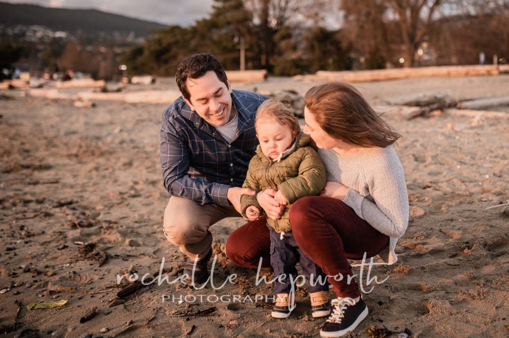 family photo on Ambleside Beach in West Vancouver