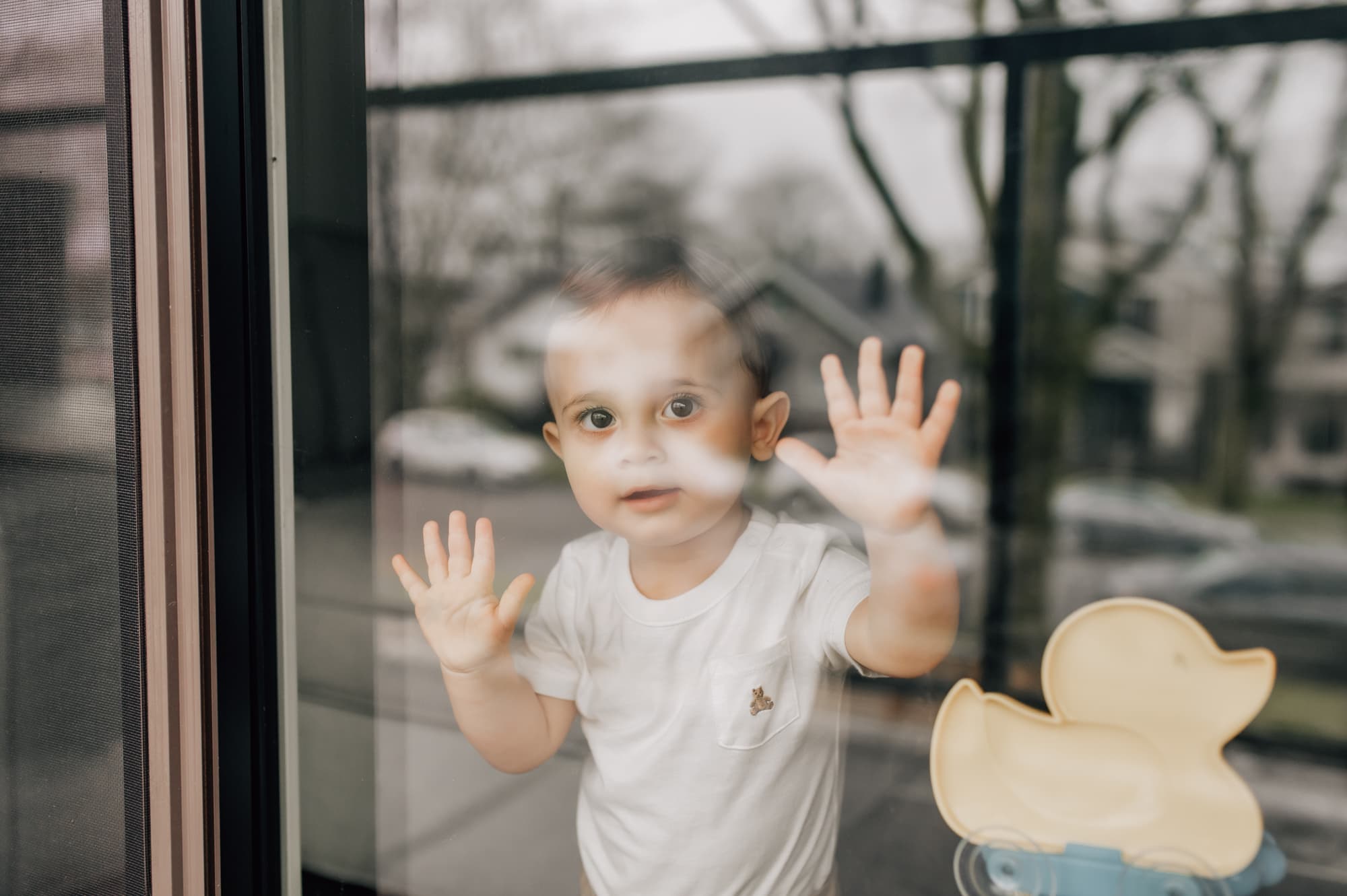 Toddler boy looks through the glass of a patio door.